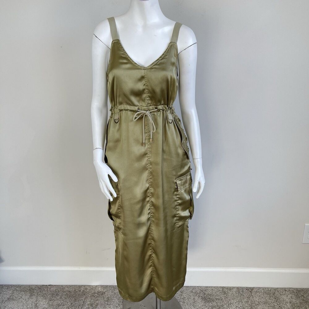 Anthropologie Love the Label Satin Utility Midi Dress Moss Green XS Cargo Pocket